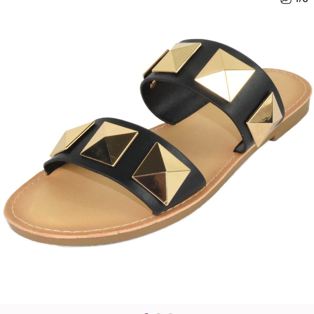 Soda Black Double Strap Gold Studded Sandals Size 6.5